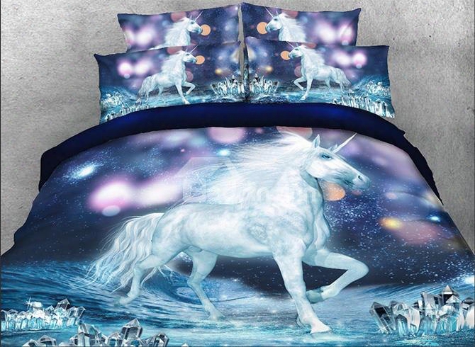 Onlwe 3d White Unicorn And Sparkling Lights Printed 4-piece Bedding Sets/duvet Covers