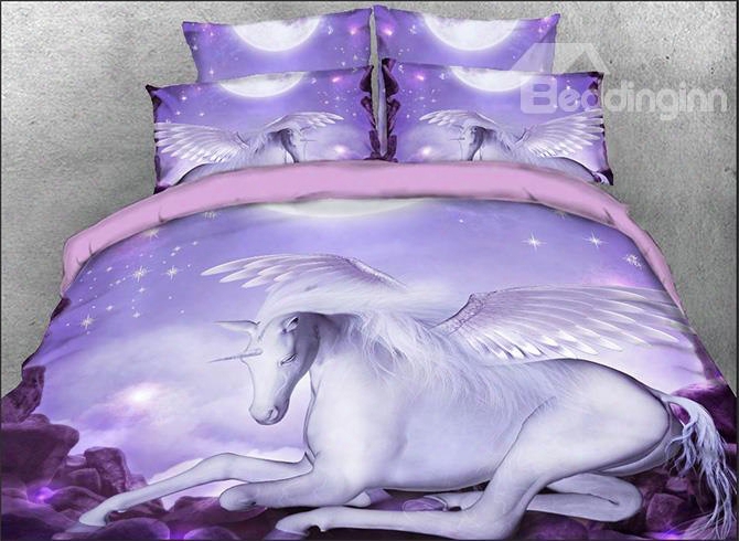 Onlwe 3d White Unicorn With Wings Printed 4-piece Purple Bedding Sets/duvet Covers