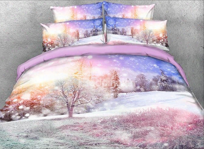 Onlwe 3d Winter Forest Printed Cotton 4-piece Bedding Sets/duvet Covers