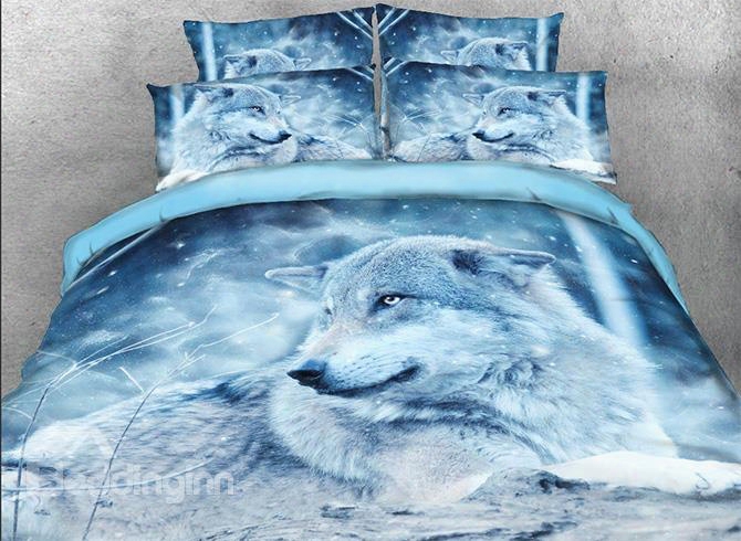 Onlwe 3d Wolf In The Wild Printed Cotton 4-piece Bedding Sets/duvet Covers