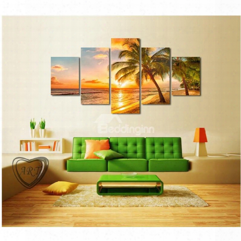 Palm And Beach In Sunset Hanging 5-piece Canvas Eco-friendly And Waterproo F Non-framed Prints