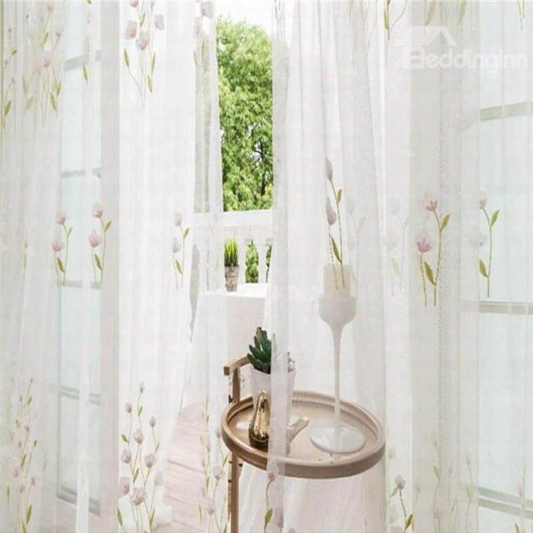 Pastoral  Style White Color With Flowers Custom Sheer Curtain For Living Room