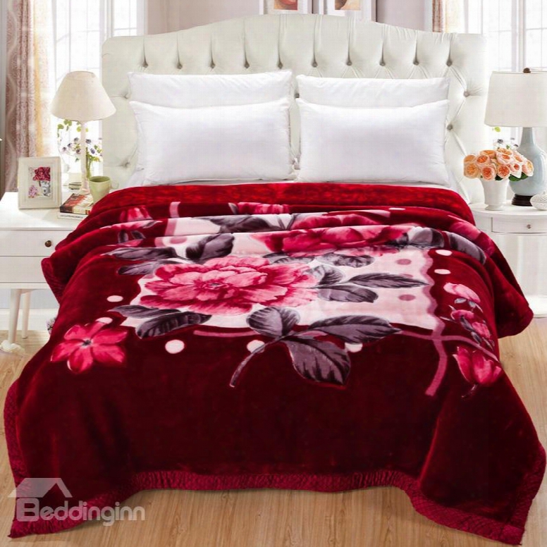 Peonies Blooming Printed Black Red Super Soft Flannel Thick Bed Blankets