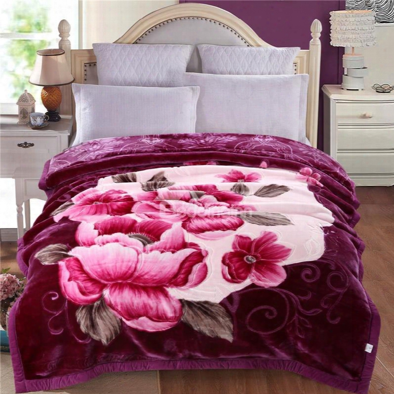 Pink Peonies Blooming Printed Dark Purple Plush Flannel Fleece Bed Blanket