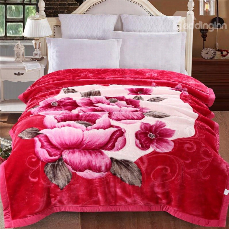Pink Peonies Blooming Printed Rose Red Plusn Flannel Fleece Bed Blanket