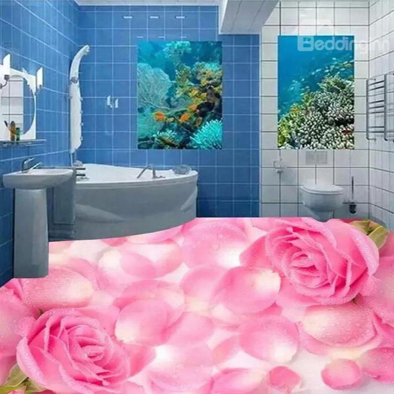 Pink Roses And Petals Print Modern Design Waterproof Splicing 3d Floor Murals
