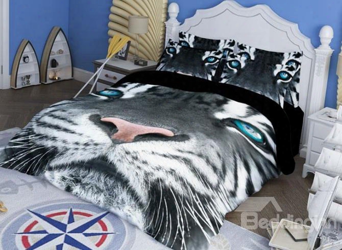 Powerful White Tiger Print 4-piece Polyester Duvet Cover Sets