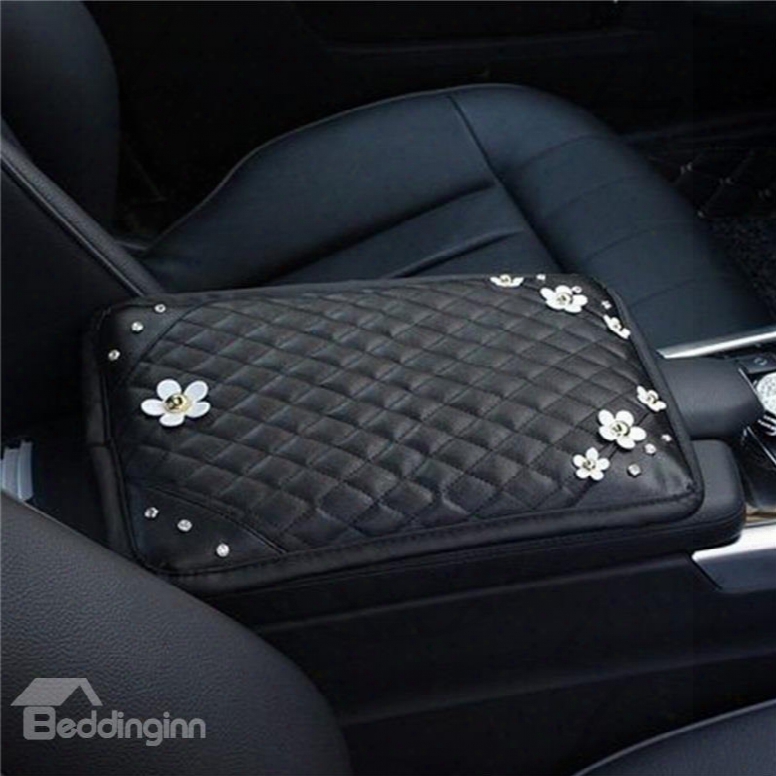 Practical Relaxing Studded Rhinestone And Artificial Flower Car Central Armrest Pad