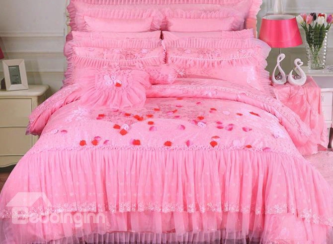 Princess Style Floral Printed Lace Edged Pink Cotton 4-piece Bedding Sets/duvet Cover