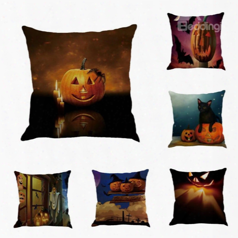 Pumpkin And Monster Pattern Halloween Square Linen Throw Pillow