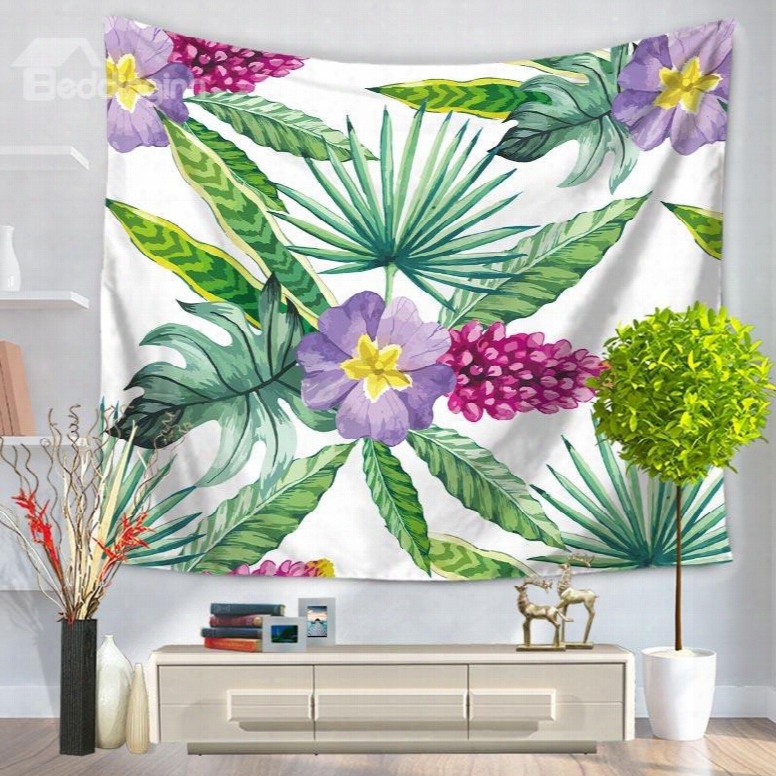 Purple Flowers And Palm Leaves Pattern Natural Style Decorative Hanging Wall Tapestry