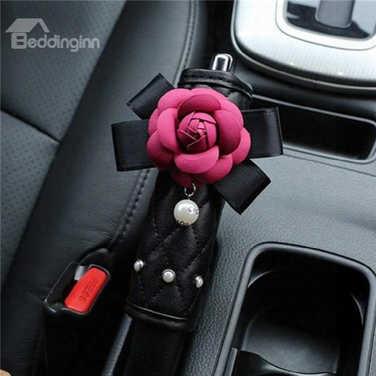 Red Camellia Design With Artificial Pearls Hand Brake Cover