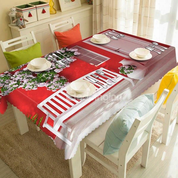 Red Polyester House And Flower Pattern 3d Tablecloth