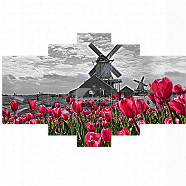 Red Tulips And Windmill Pattern Hanging 5-piece Canvas Eco-friendly And Waterproof Non-framed Prints