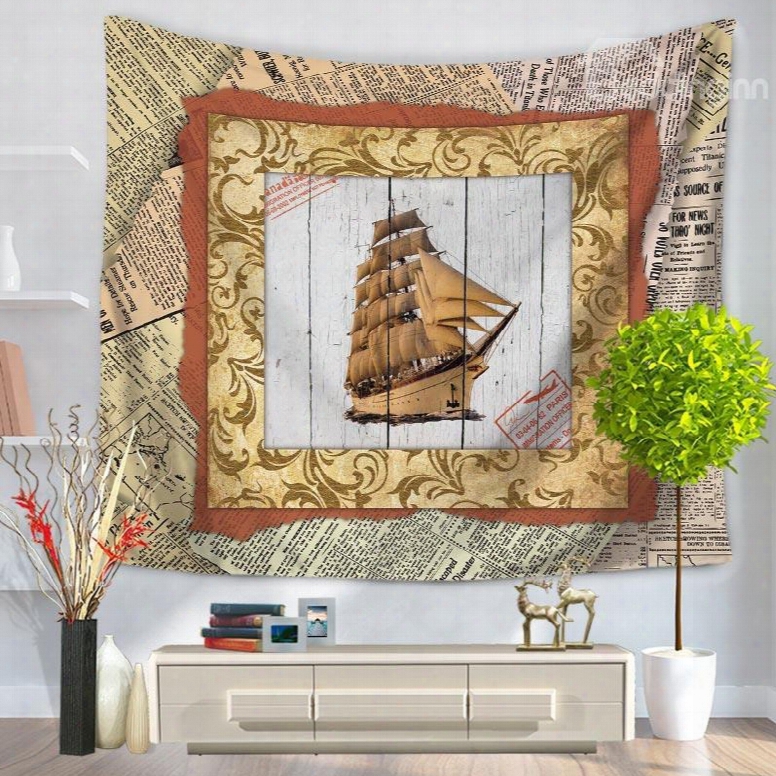 Sailing Boat Voyaging With Photo Frame Vintage Style Decorative Hanging Wall Tapestry