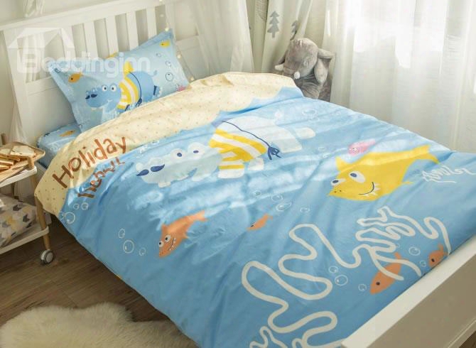 Sea World Printed Cotton 3-piece Blue Duvet Covers/bedding Sets