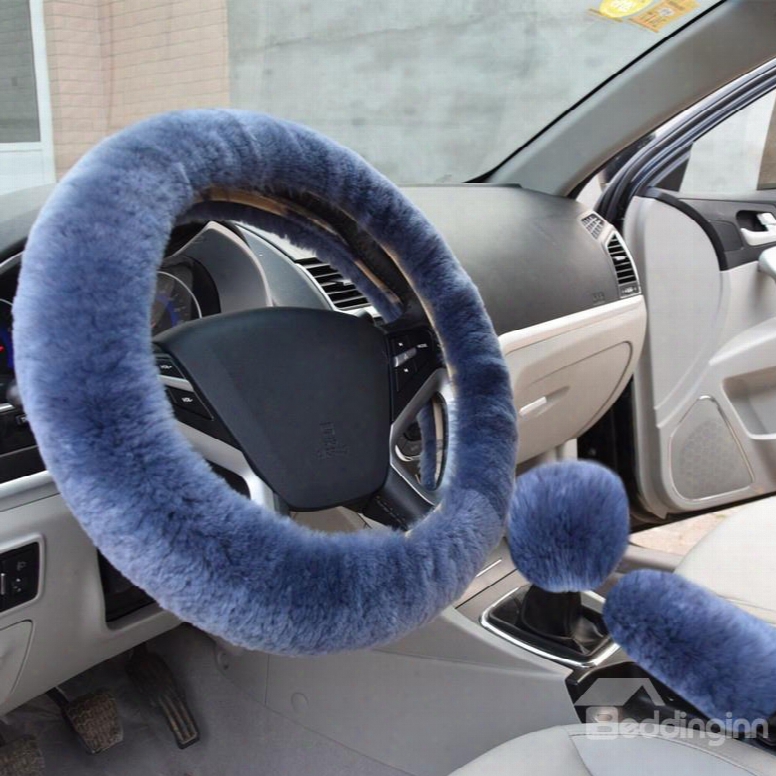 Short Plush Material Gray Color Style 3-pieces Medium Car Steering Wheel Cover Sets
