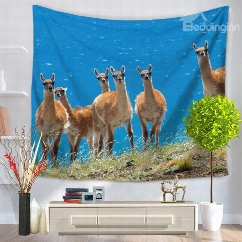Six Camel Alpacas Watching In Field Blue Sky Decorative Hanging Wall Tapestry