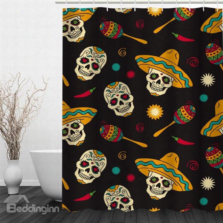 Skulls Polyester Waterproof And Eco-friendly Black 3d Shower Curtain