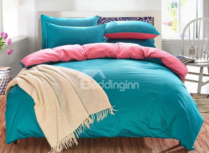 Solid Green And Bright Pink Color Blocking Cotton 4-piece Bedding Sets/duvet Cover