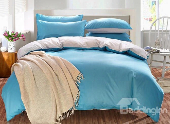 Solid Light Blue And Gray Color Blocking Cotton 4-piece Bedding Sets/duvet Cover