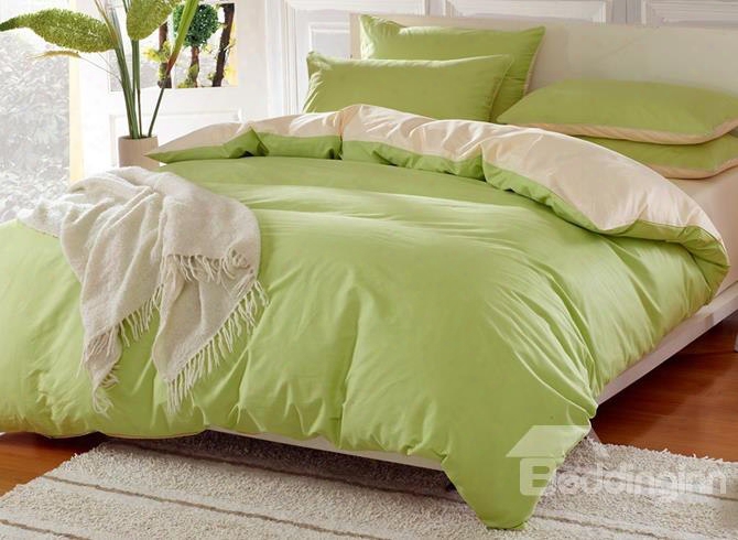Solid Matcha Green And Beige Color Blocking Cotton 4-piece Bedding Sets/duvet Cover