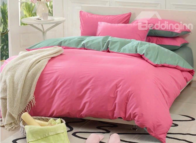 Solid Pink And Green Color Blocking Cotton 4-piece Bedding Sets/duvet Cover