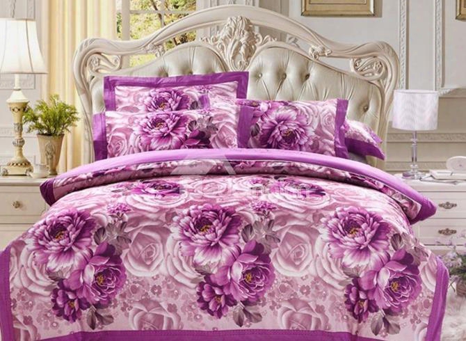 Splendid Rose And Peony Print Purple 4-piece Cotton Duvet Cover Set