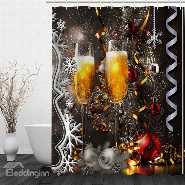 Stemware Full Of Champagne Printing Christmas Theme Bathroom 3d Shower Curtain