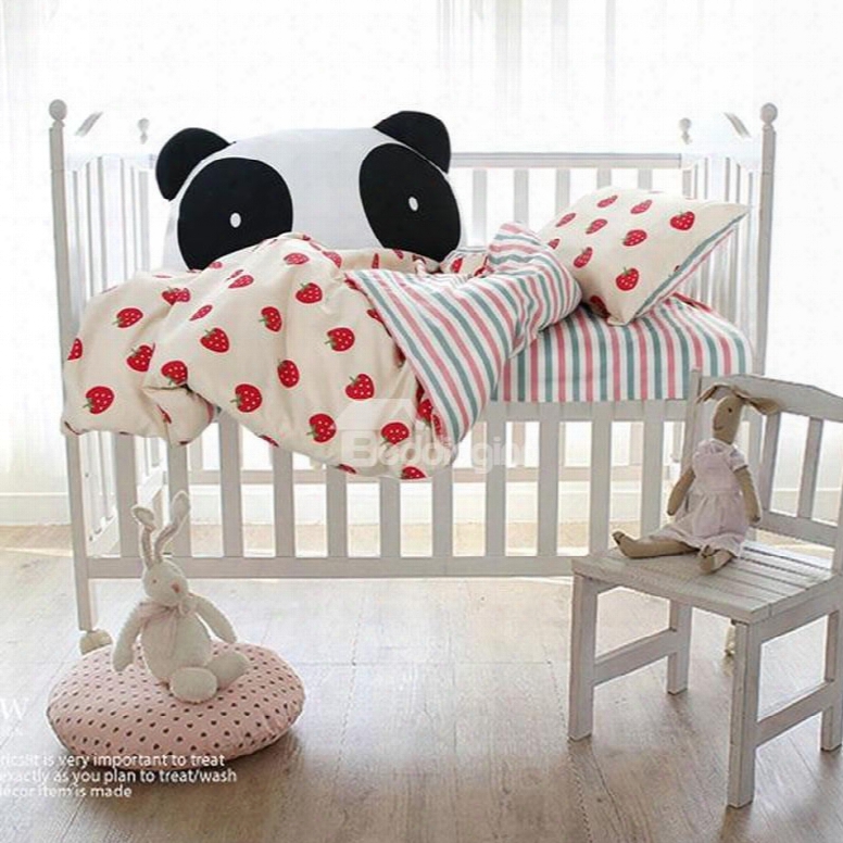 Strawberries And Stripes Printed Cotton White 3-piece Crib Bedding Sets