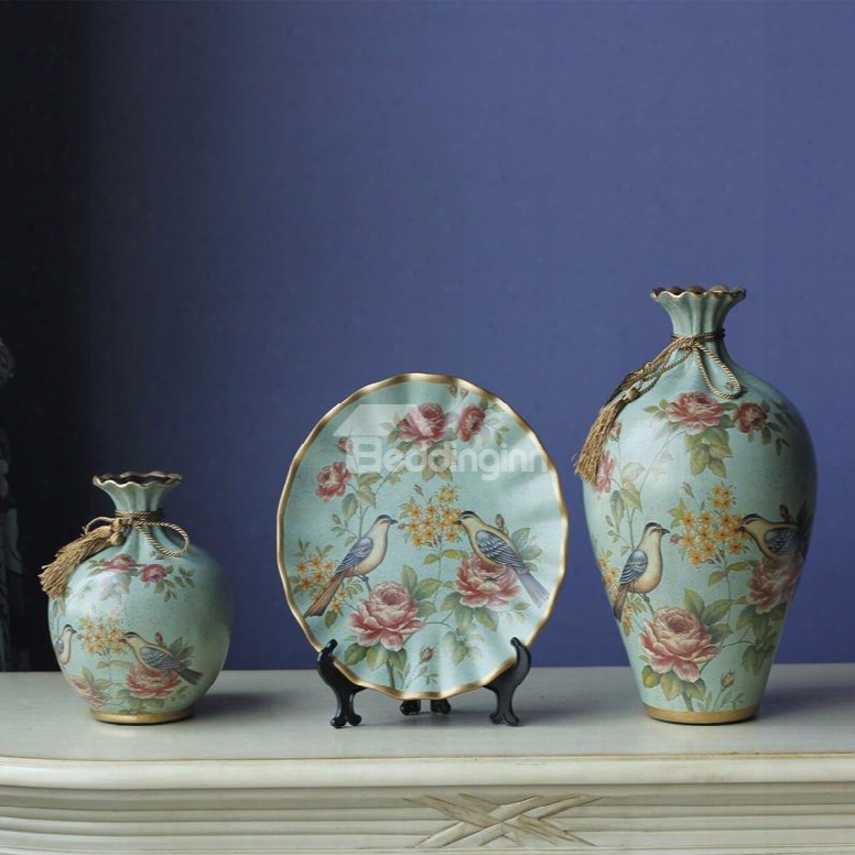 Stunning Ceramic Flowers And Birds Pattern Blossom Vase And Plate Painted Pottery