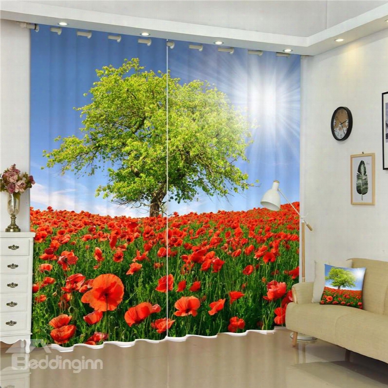 The Sea Of Red Peonies And Green Trees Living Room And Bedroom Decorative And Shading Curtain