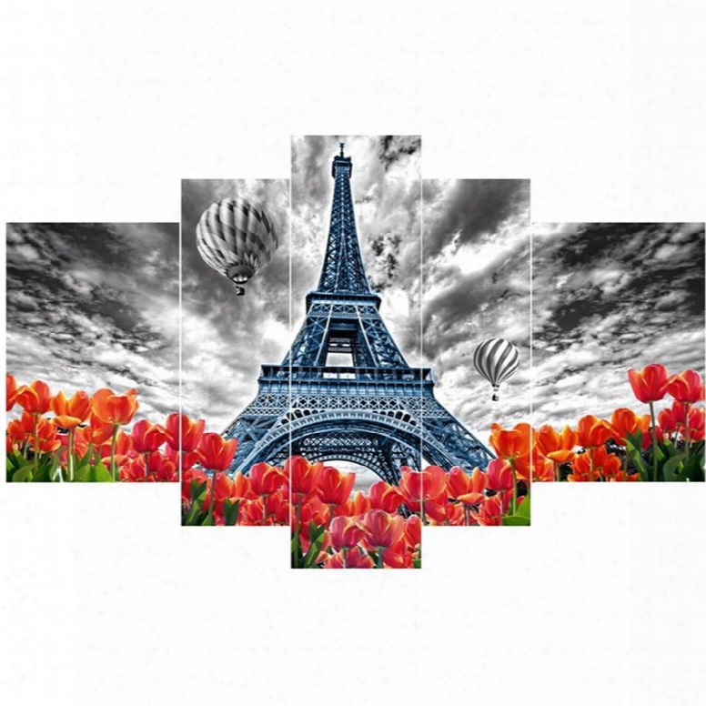 Tower Tulips And Parachutes Pattern Hanging 5-piece Canvas Eco-friendly And Waterproof Non-framed Prints