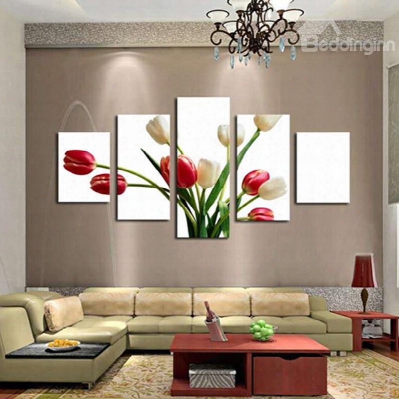 Tulips Pattern Hanging 5-piece Canvas Eco-friendly And Waterproof White Non-framed Rints