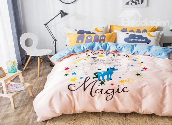 Unicorn And Stars Printed Cotton Pink Kids Duvet Covers/bedding Sets