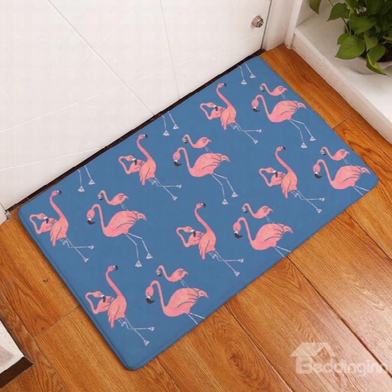 Walking Flamingos Printed Flannel Blue Bath Rug/mat