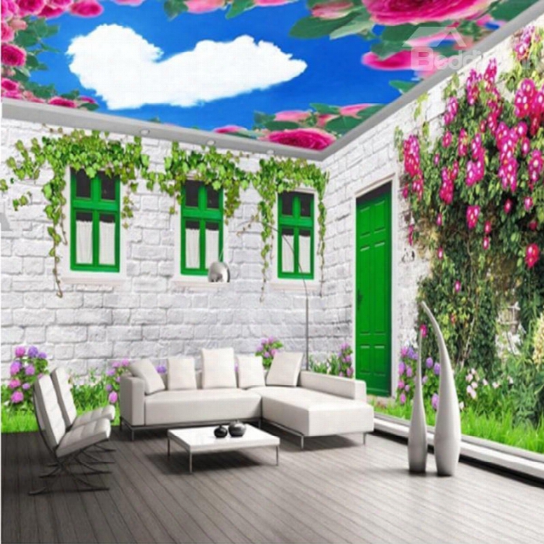 Warm House With Flowers Decoration And Heart Shaped White Clouds Pattern Combined 3d Ceiling And Wall Murals