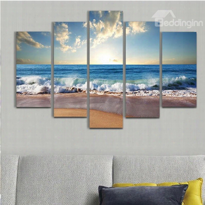 Wave In Bule Sea Hanging 5-piece Canvas Eco-friendly And Waterproof Non-framed Prints