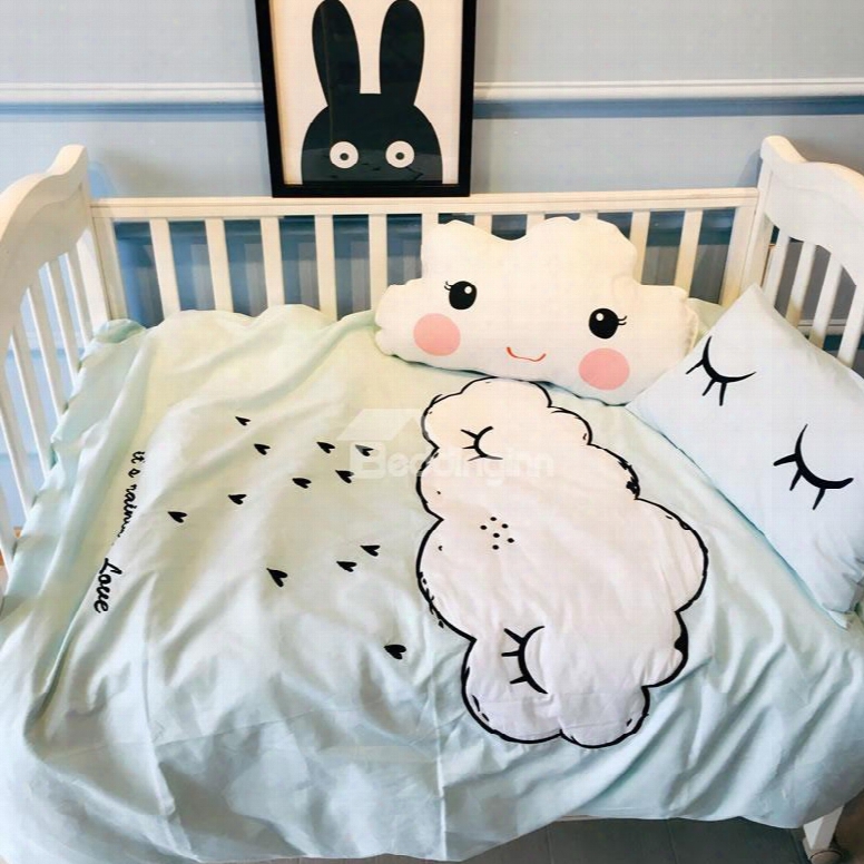 White Cloud Printed Cotton Light Blue 3-piece Crib Bedding Sets