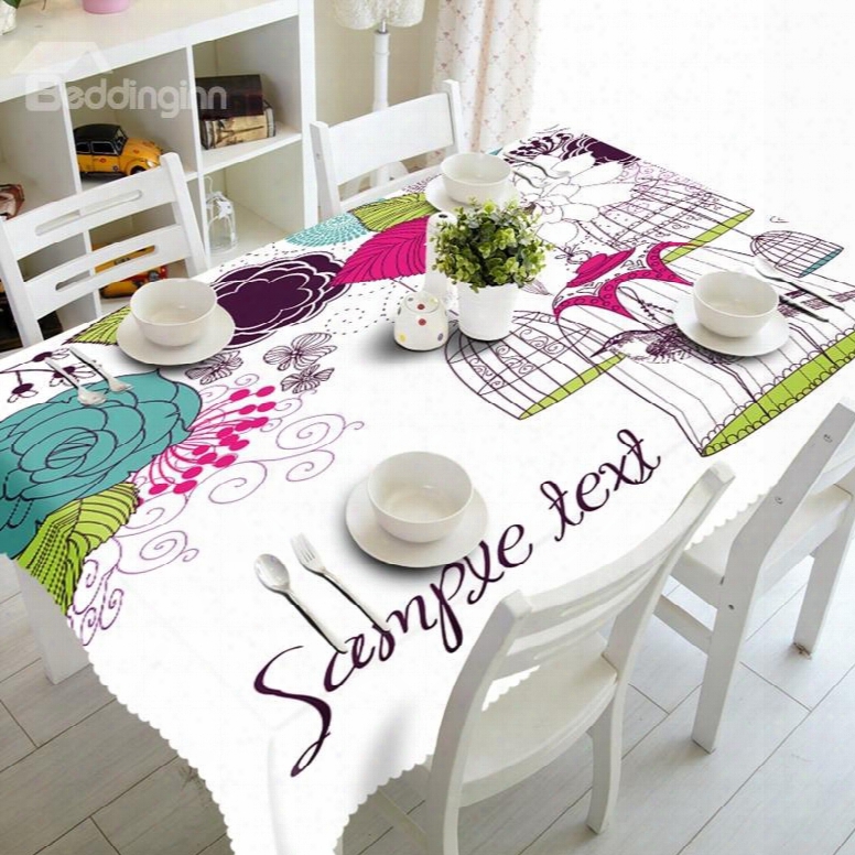 White Country Style Flowers And Birdcages Prints Washable 3d Tablecloth