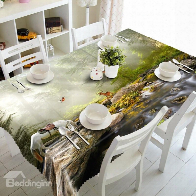White Horse Drinking Water By The River Prints Washable 3d Tablecloth