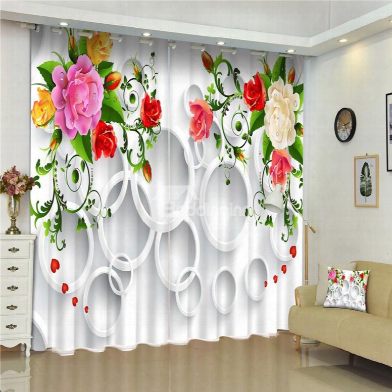White Round Circles And Bright Colored Blossoms Living Room Custom 3d Curtain