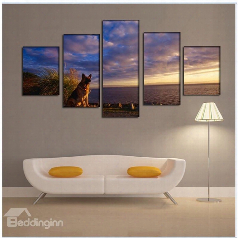 Wolf And Sea In Dusk Pattern Hanging 5-piece Canvas Ecof-riendly Waterproof Non-framed Prints