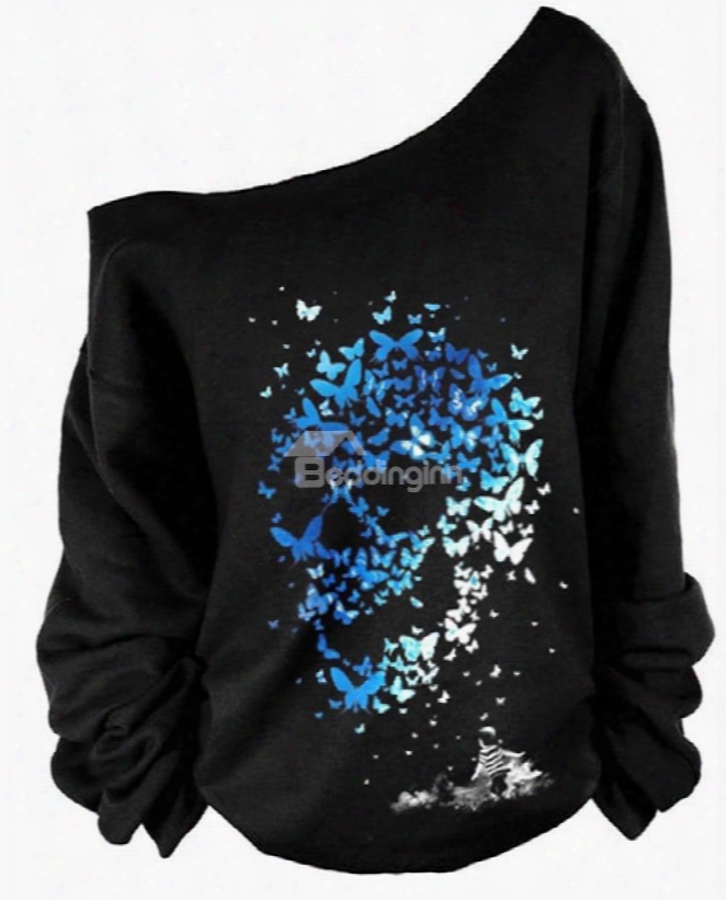 Women's 3d Print Long Sleeve Blue Skull Pullover Fleece Hoodie