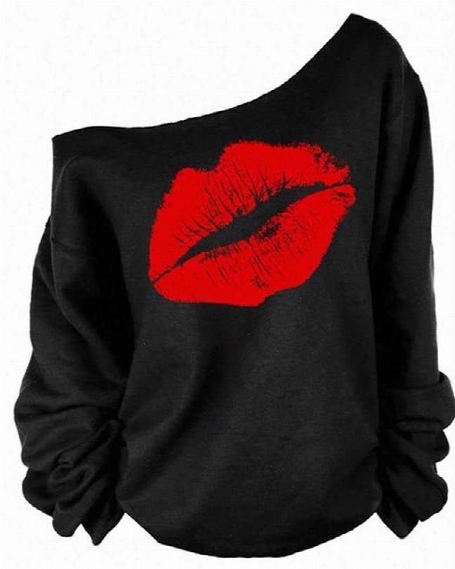 Women's 3d Print Long Sleeve Red Lip Pullover Fleece Hoodie