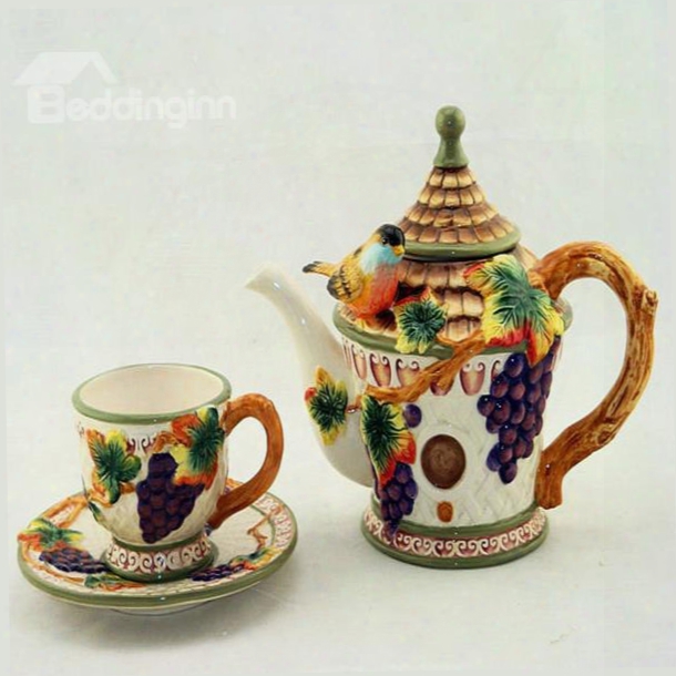 Wonderful Ceramic Grape Pattern Coffee Mug Set Painted Pottery