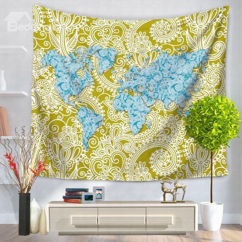 World Map And Yellow Floral Pattern Ethnic Style Decorative Hanging Wall Tapestry