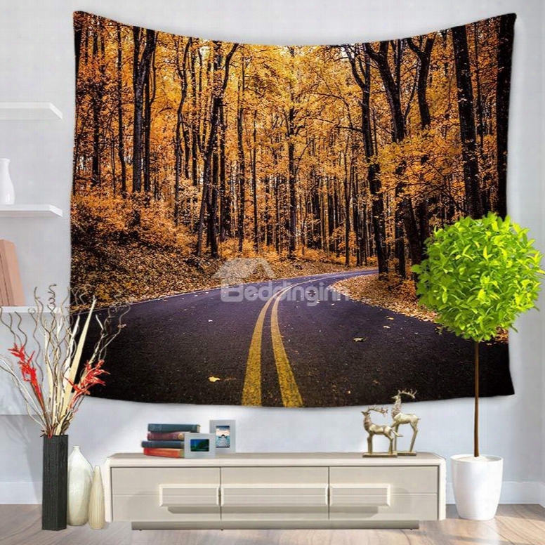Yellow Autumn Forest And Highway Pattern Decorative Hanging Wall Tapestry