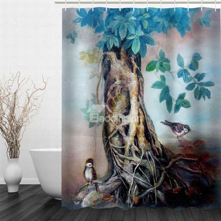 3d Birds And Old Branch Pattern Polyester Waterproof And Eco-friendly Shower Cyrtain