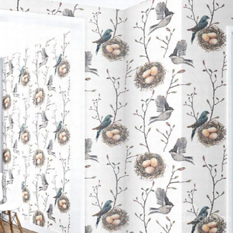 3d Birds Eggs Branches Pvc Sturdy Waterproof Eco-friendly Self-adhesive White Wall Mural